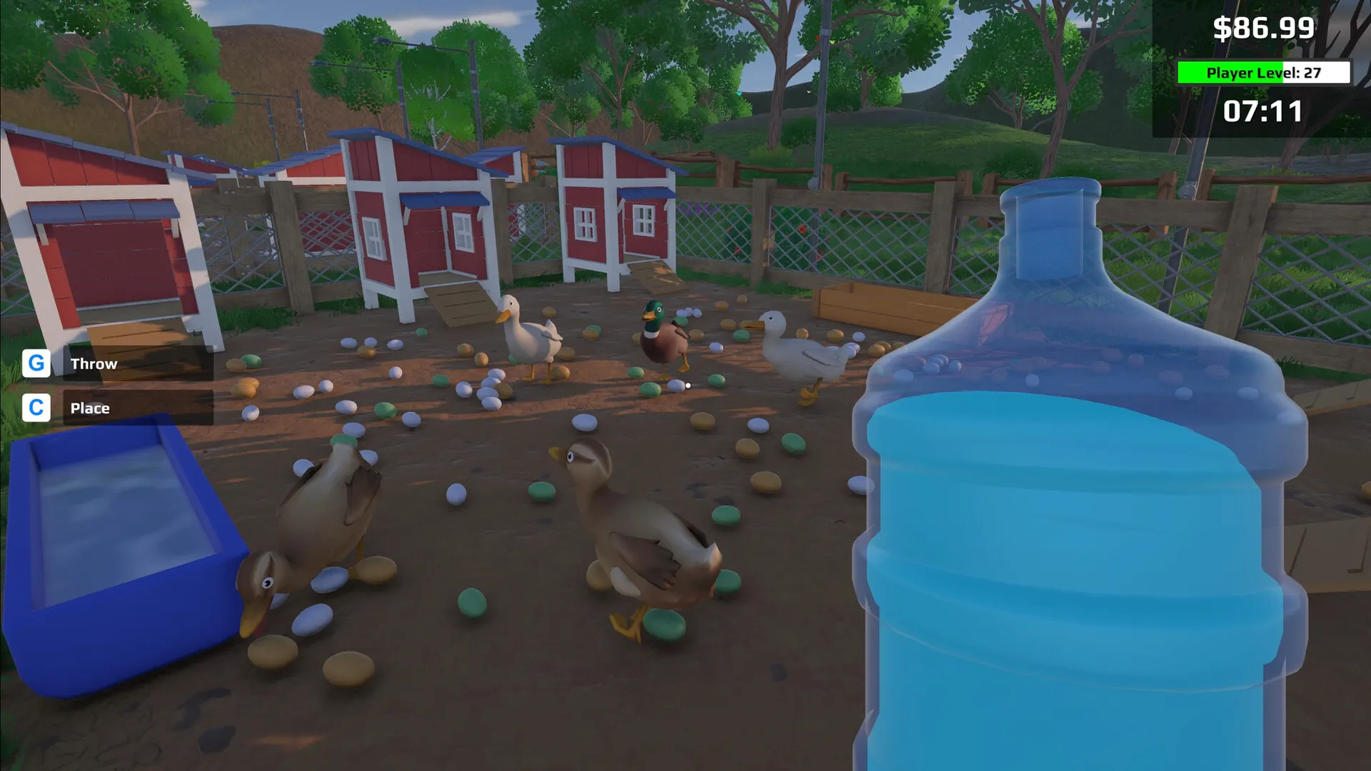Eggstreme Farming duck pen with white, brown and green-headed ducks, scattered duck eggs and a large water bottle