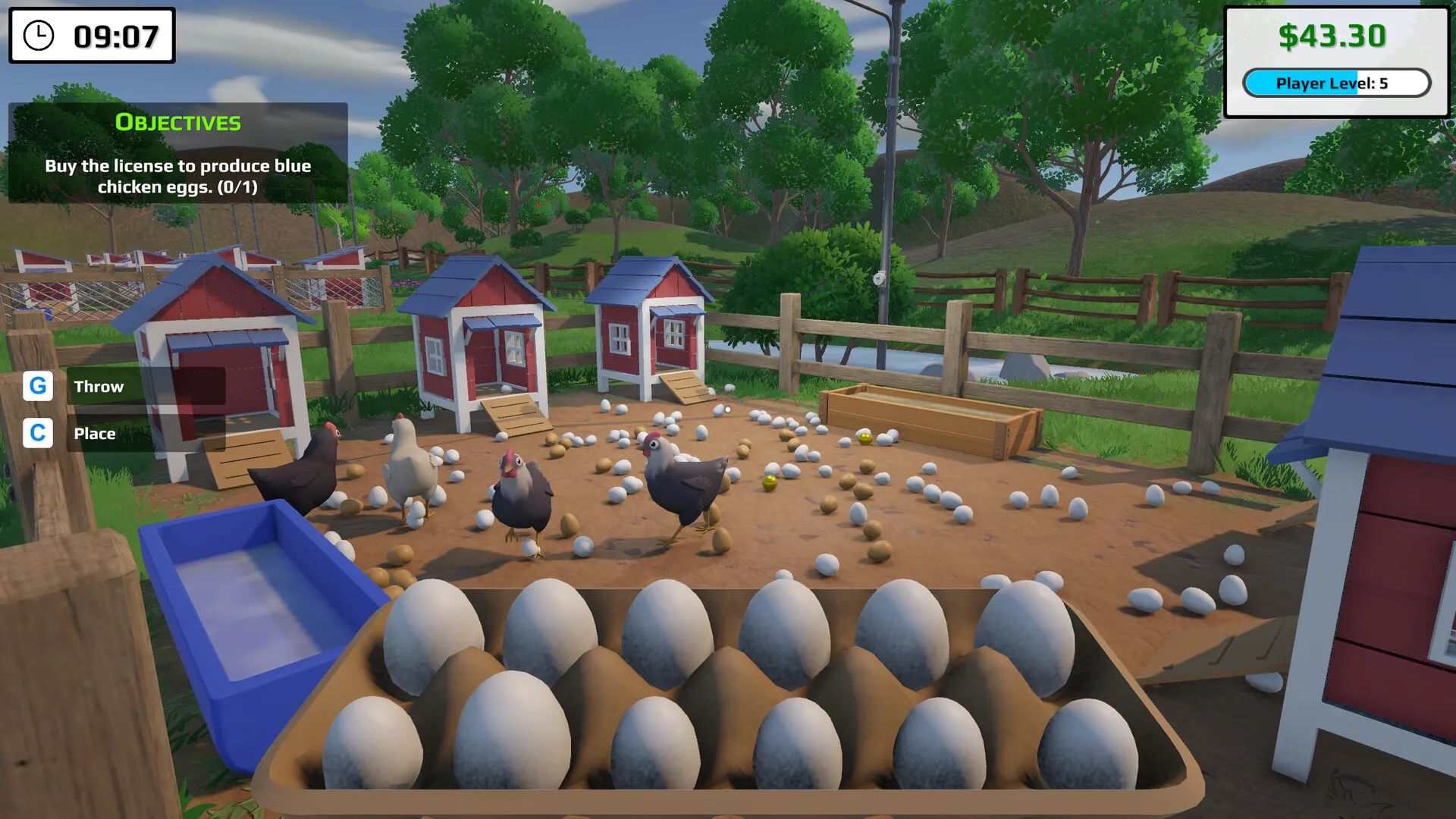 Eggstreme Farming chicken pen with white and gray chickens, scattered eggs, a full egg tray and a water container