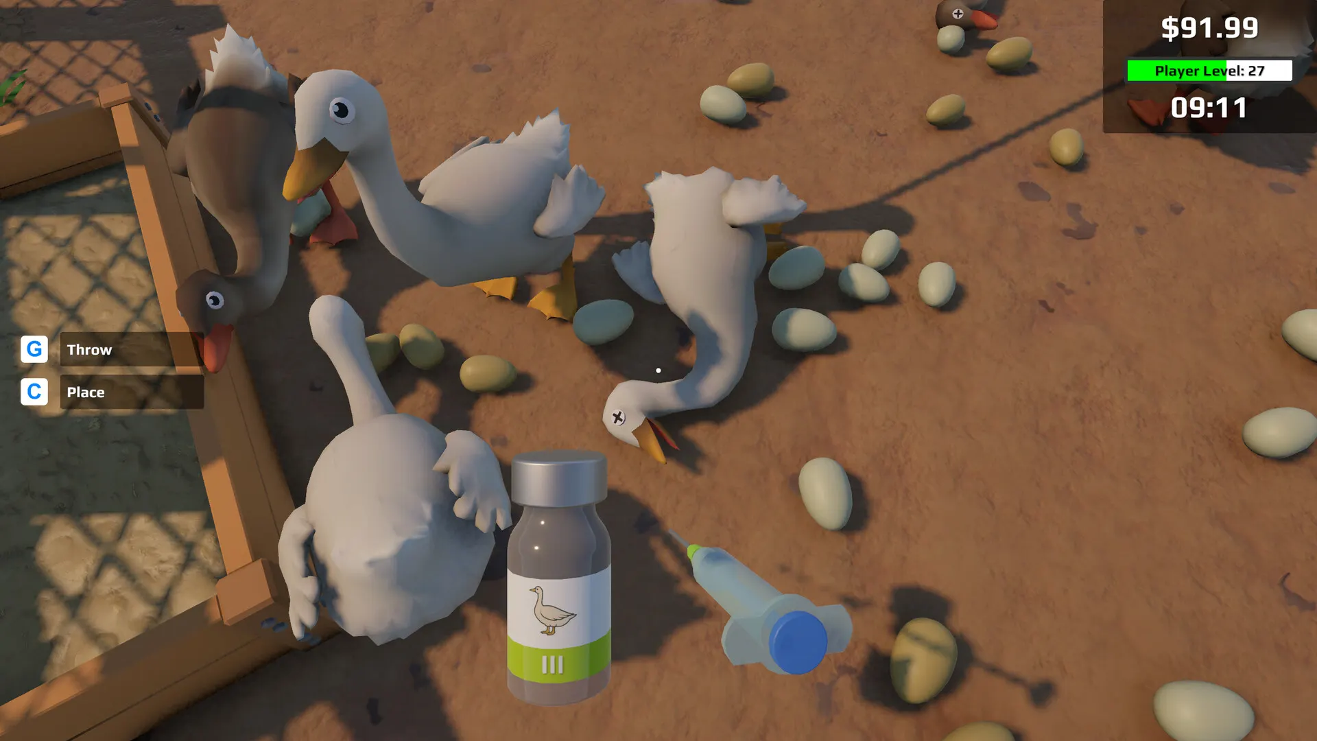 Eggstreme Farming goose pen showing a goose medicine vial with syringe next to a dead goose on its back