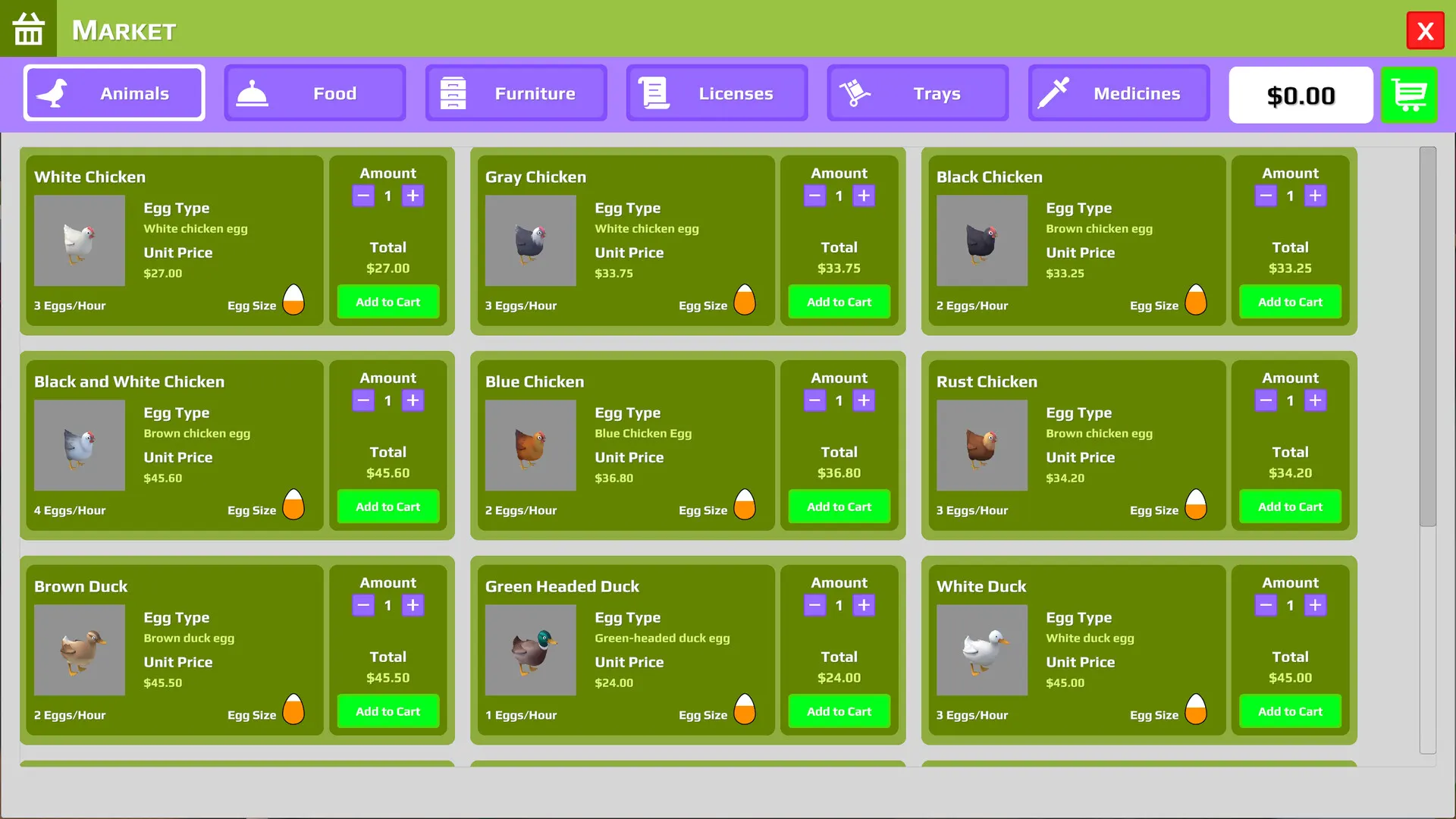 Eggstreme Farming market furniture tab where the level-gated incubator is listed