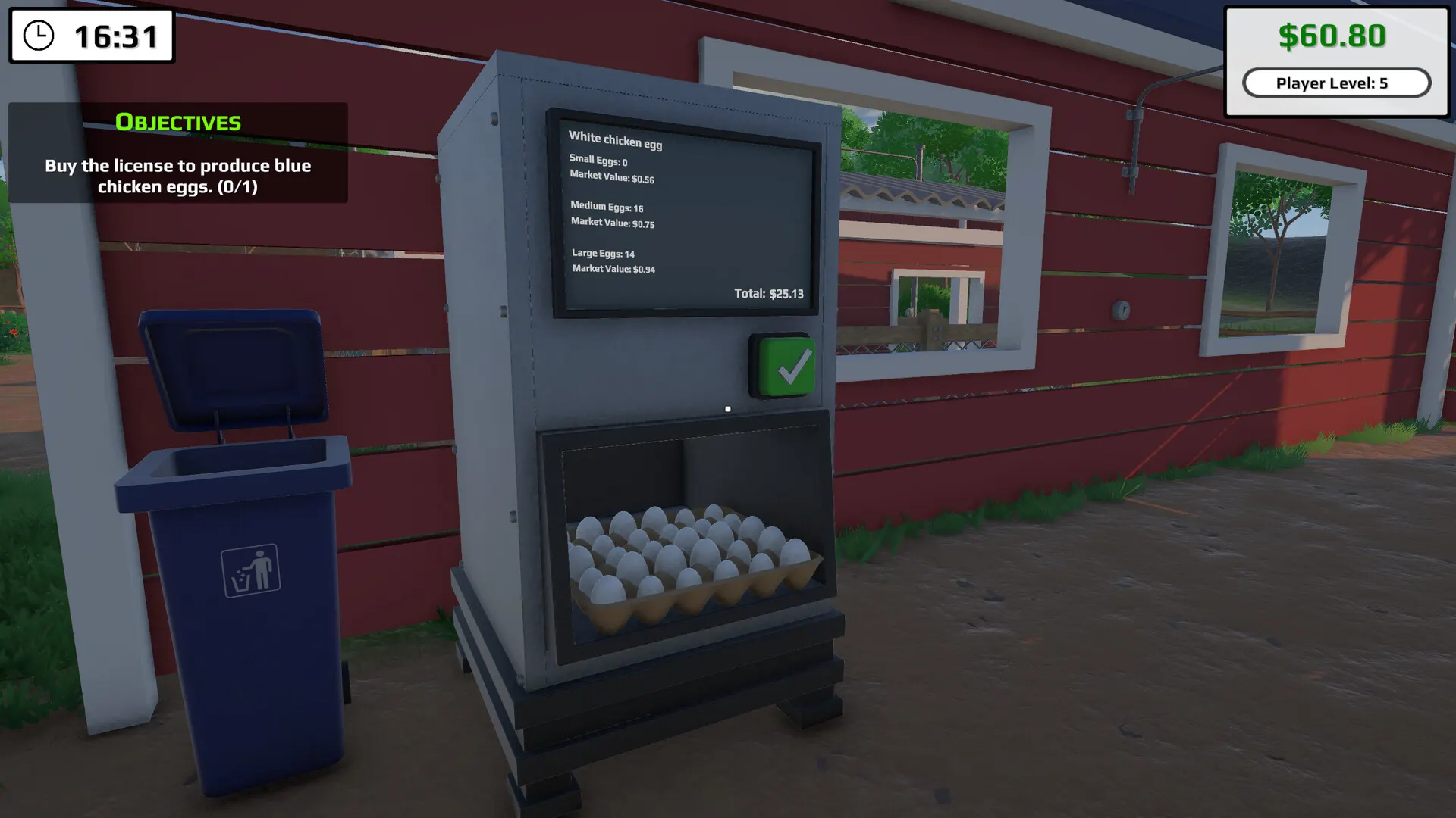 Vending machine screen in Eggstreme Farming listing 0 small, 16 medium and 14 large white chicken eggs with market values totaling $25.13