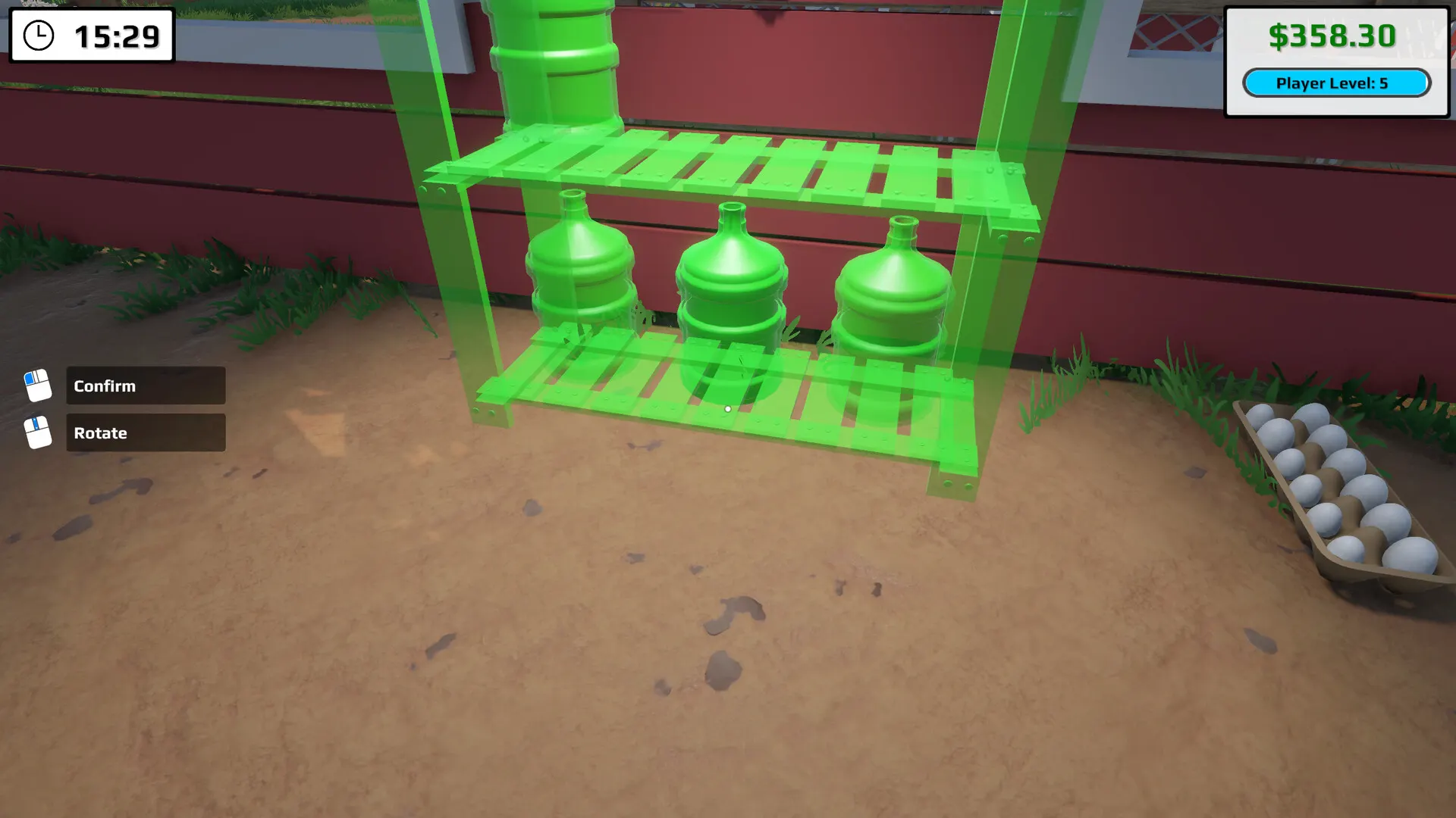 Placing a water shelf with bottles beside a pen in Eggstreme Farming — part of the farm automation setup
